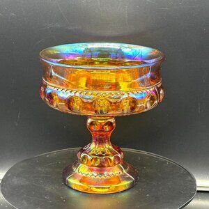 Vintage Indiana Kings Crown Iridescent Amber Carnivale Glass Pedestal Compote